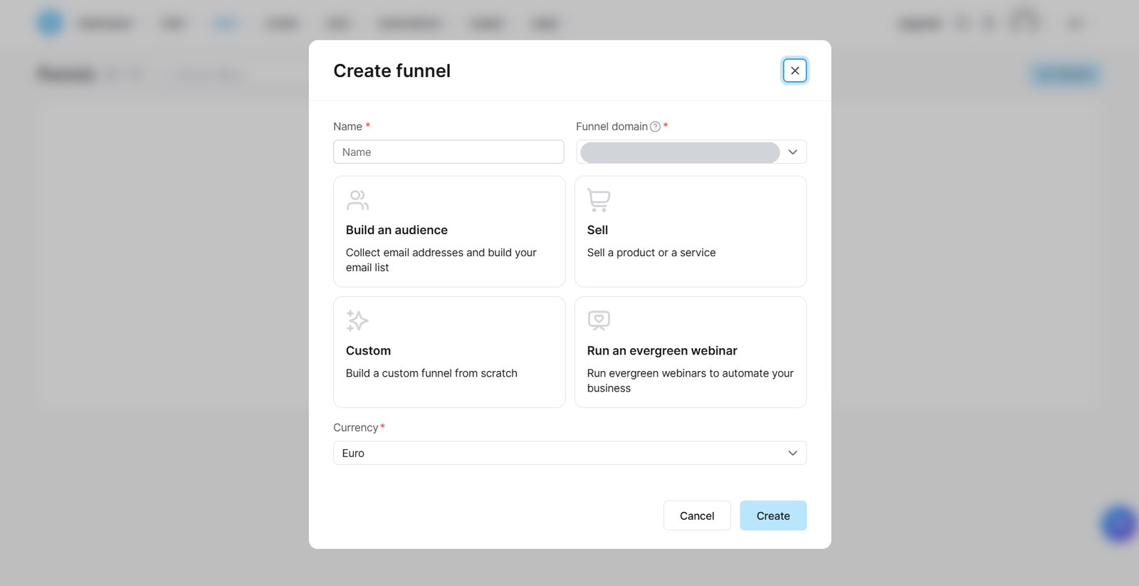 The "Create funnel" window in our free Systeme.io account (October 2026): Build an audience, Sell, Custom and Run an evergreen webinar